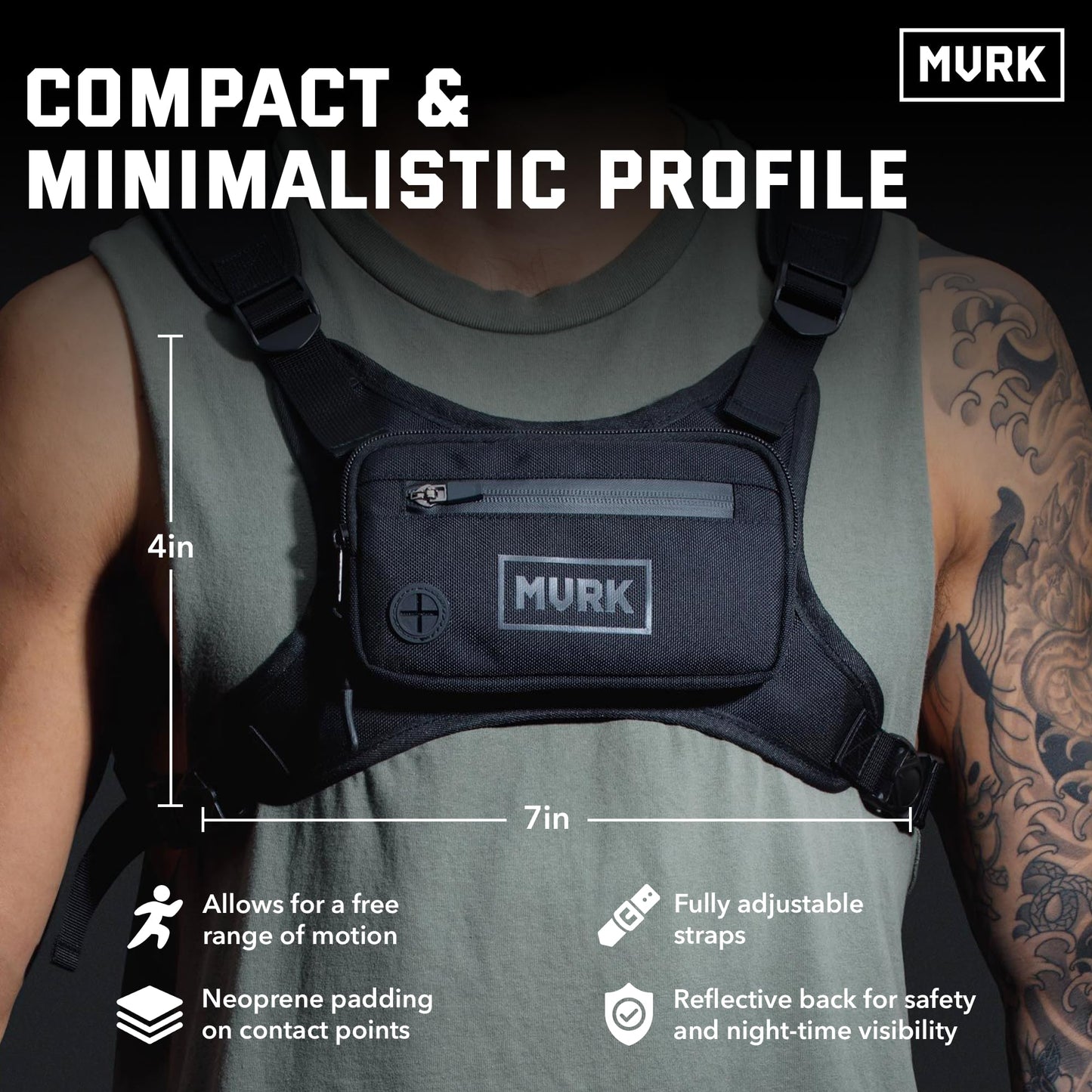 MVRK Water Resistant Chest Pack - Minimalist Running Pack For Workouts, Running Phone Holder With Extra Storage, Lightweight Running Vest, Running Backpack With Reflective Print (Olive)