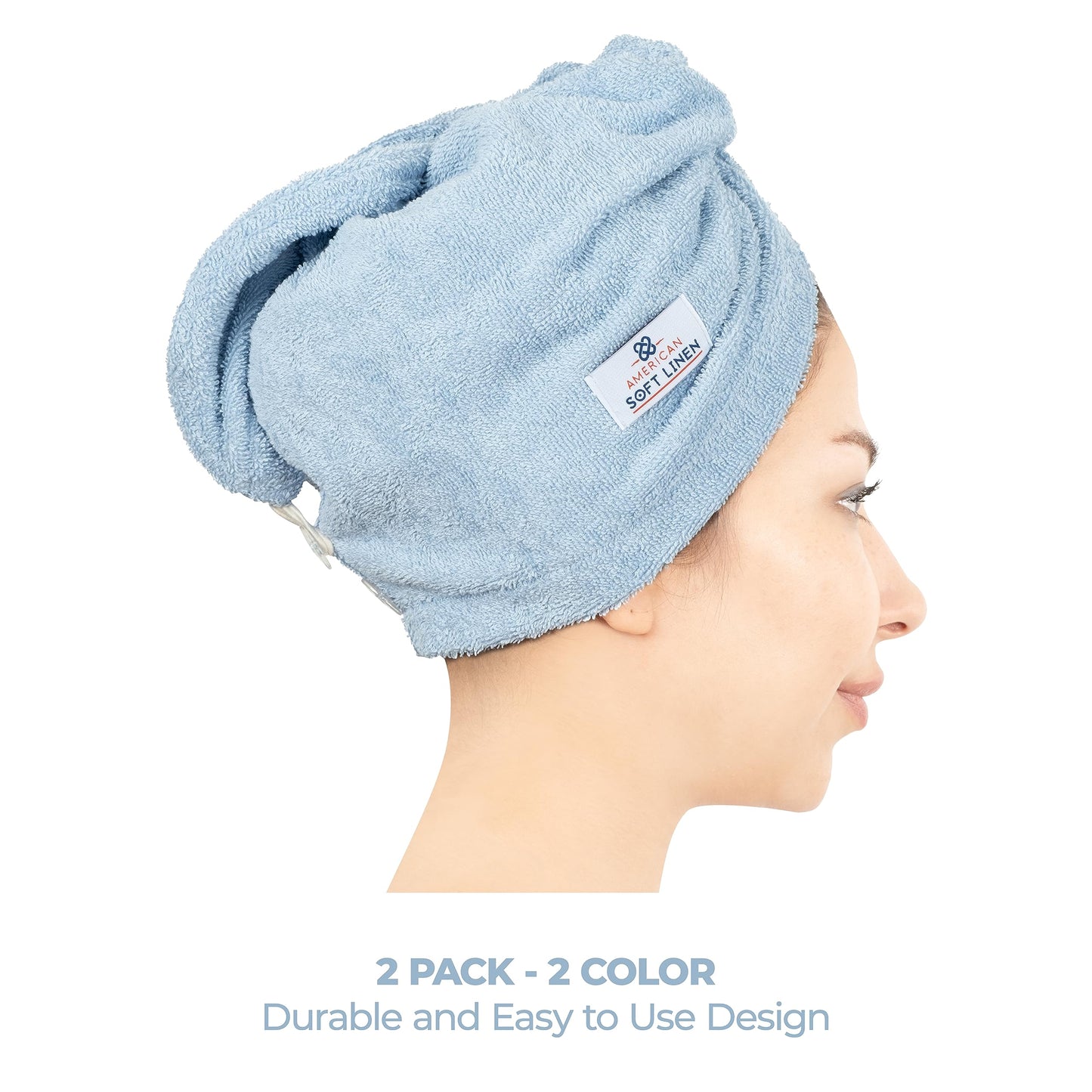 American Soft Linen 100% Cotton Hair Towels for Women, Head Towel Cap, Cotton Hair Turban Towel Wrap, Soft and Absorbent 2 Pack, Light Gray-Sky Blue