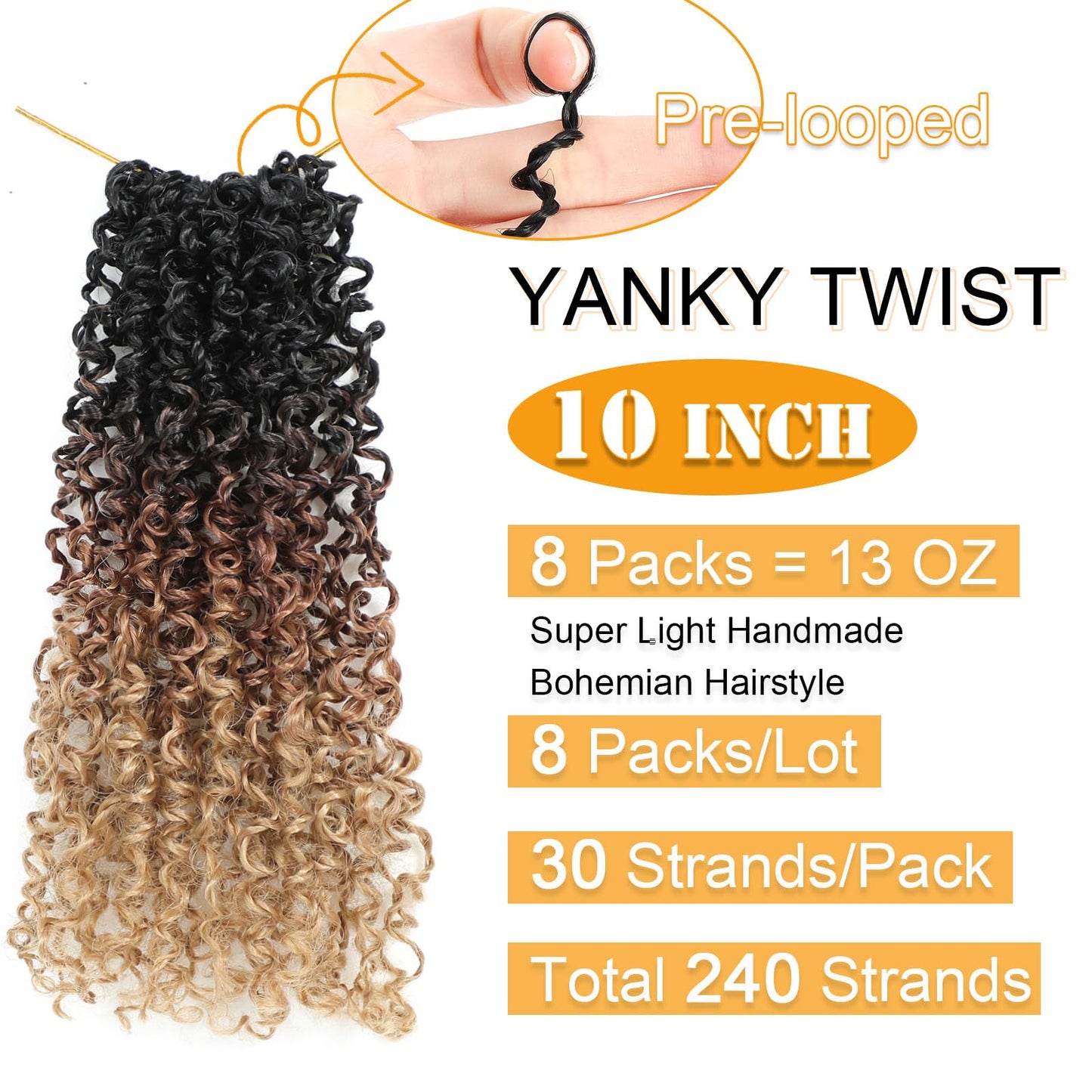 Aksice 10 Inch 8 Packs Yanky Twist Crochet Hair for Women Pre-looped Mini Twist Hair Bohemian Passion Twist Crochet Hair Boho Crochet Braids Synthetic (1B/30/27)