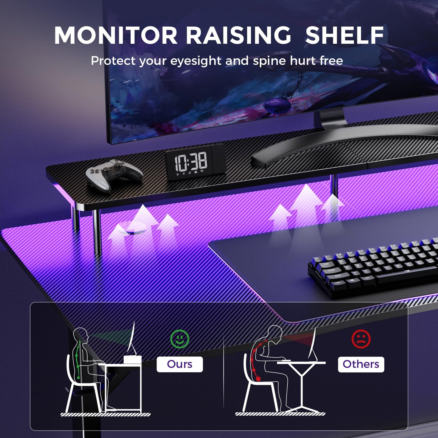GTRACING 55 Inch Gaming Desk with LED Lights & Power Outlet, Computer Gamer Desk with Monitor Stand, Ergonomic Carbon Fiber Gaming Table Home Office Desk with Headphone Hook & Mouse Pad