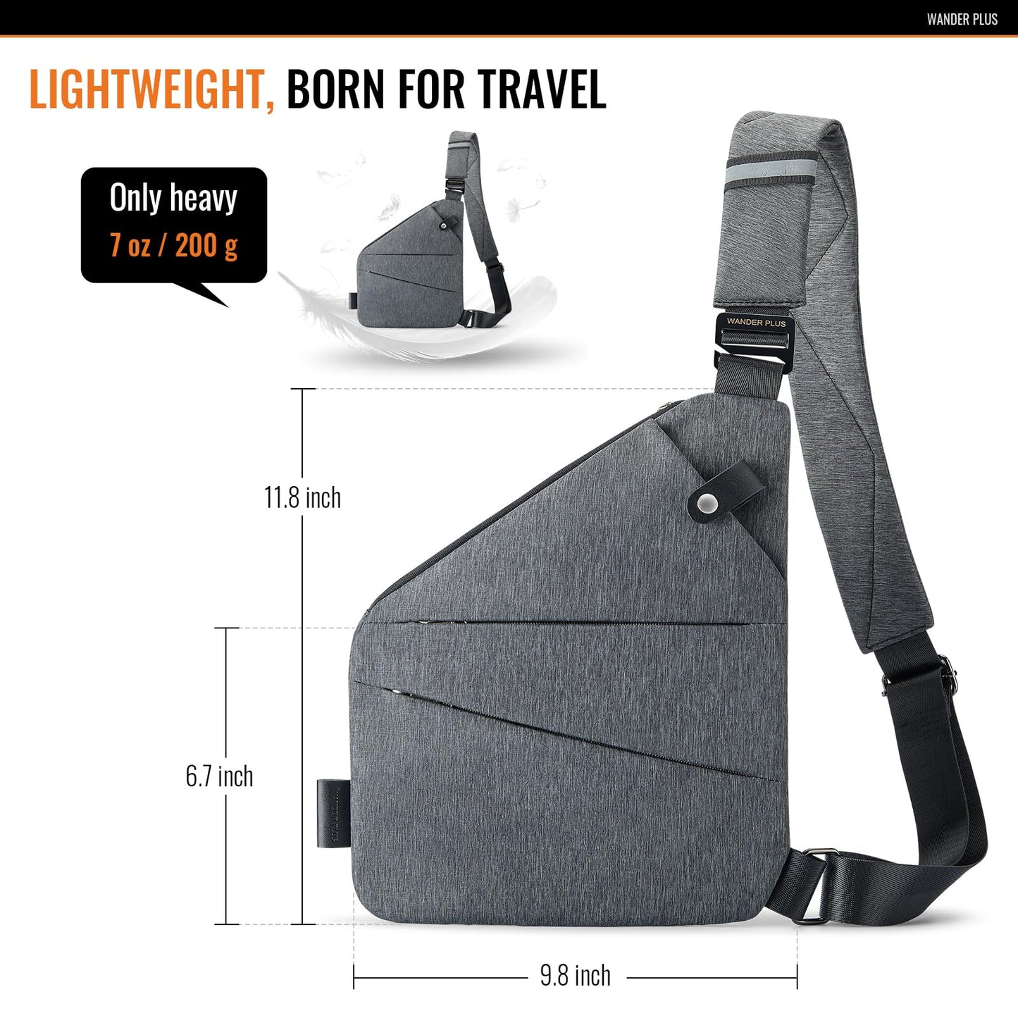 Anti Theft Crossbody Bag, WANDER PLUS Authentic Crossbody Bags for Women Men, Convertible Cross Body Bag, Lightweight, Trendy, Casual, Sling Chest Bag Anti-Theft Design for Travel, Sport (Grey)