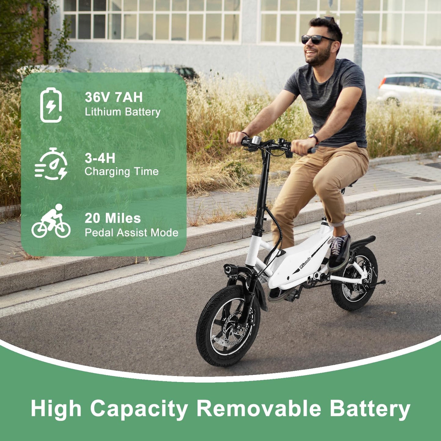 Winado 14" Electric Bike for Adults, Folding Electric Bicycle 350W Motor with Dual Shock Absorber, Dual Disc Brakes, Max Range 20Miles, Foldable Commuter City Ebike for Adults/Teens, White
