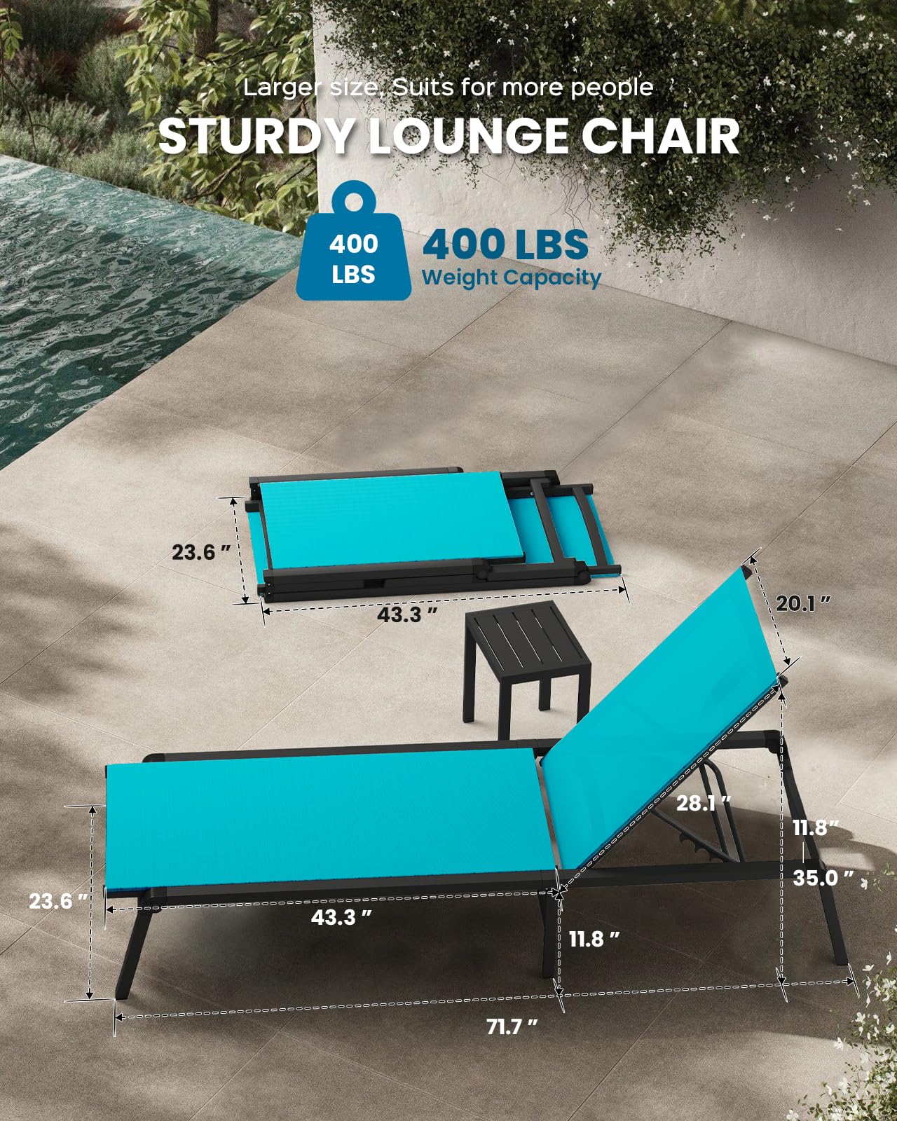 Vexwalx Pool Lounge Chairs Set of 2, Foldable Aluminum Chaise Lounge Outdoor with 5 Positions Recliner - Free Assembly - Patio Chaise Lounge Chair for Poolside, Beach, Yard (Lakeblue, 2 Pack)