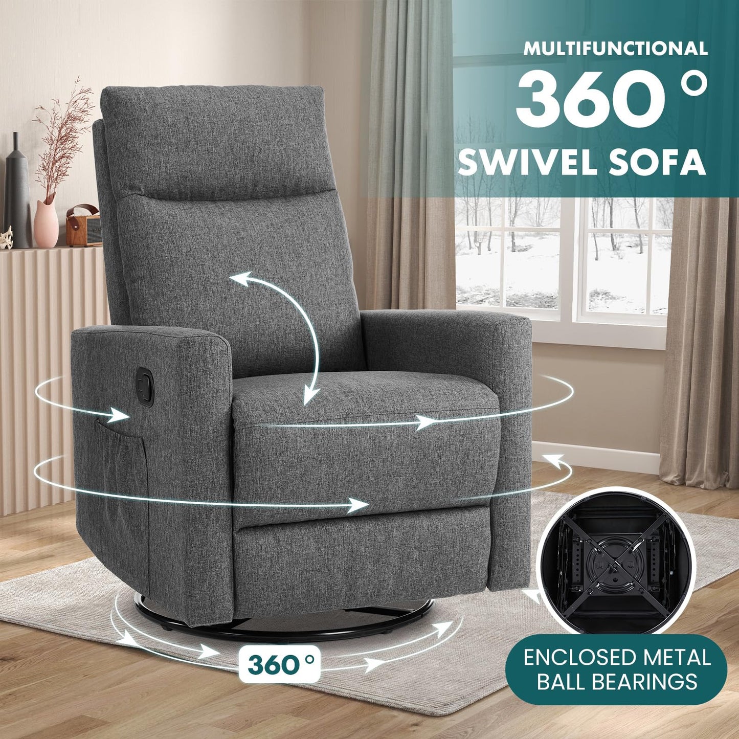 SMUG Swivel Rocking Recliner Chair with Extra Large Footrest High Back, Upholstered Glider Nursery Chair for Living Room, Bedroom & Nursery, Comfortable Deep Seat for Relaxation, Grey