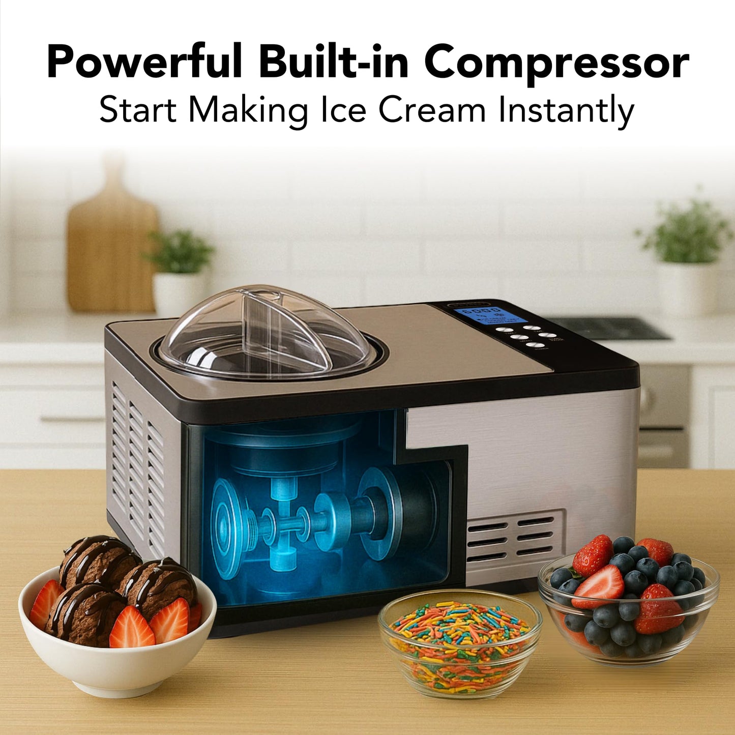 Whynter Ice Cream Maker Machine Automatic 2.1 Qt. with Built-In Compressor, LCD Digital Display & Timer, No Pre-Freezing, ICM-200LS, Stainless Steel