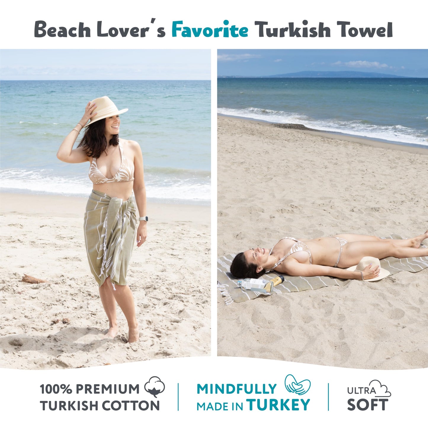 WETCAT Turkish Beach Towel Oversized 38x71 100% Cotton Sand Free Quick Dry Extra Large Light Travel Towel for Adults Beach Accessories Gifts - Pale Olive Green