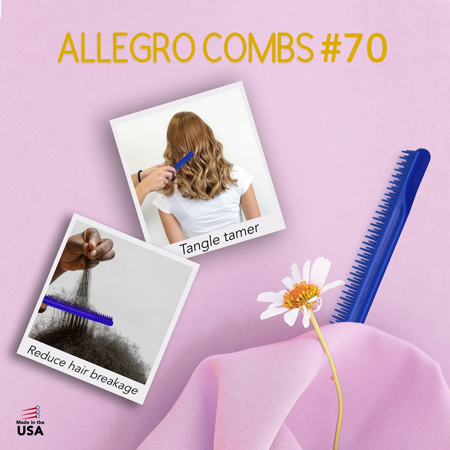 Allegro Combs 3-Row Detangling Comb, Wide Tooth Curl Defining Brush, Perfect for Curly Hair Stylists, Made in USA, Royal Blue, 1 Piece (#70)