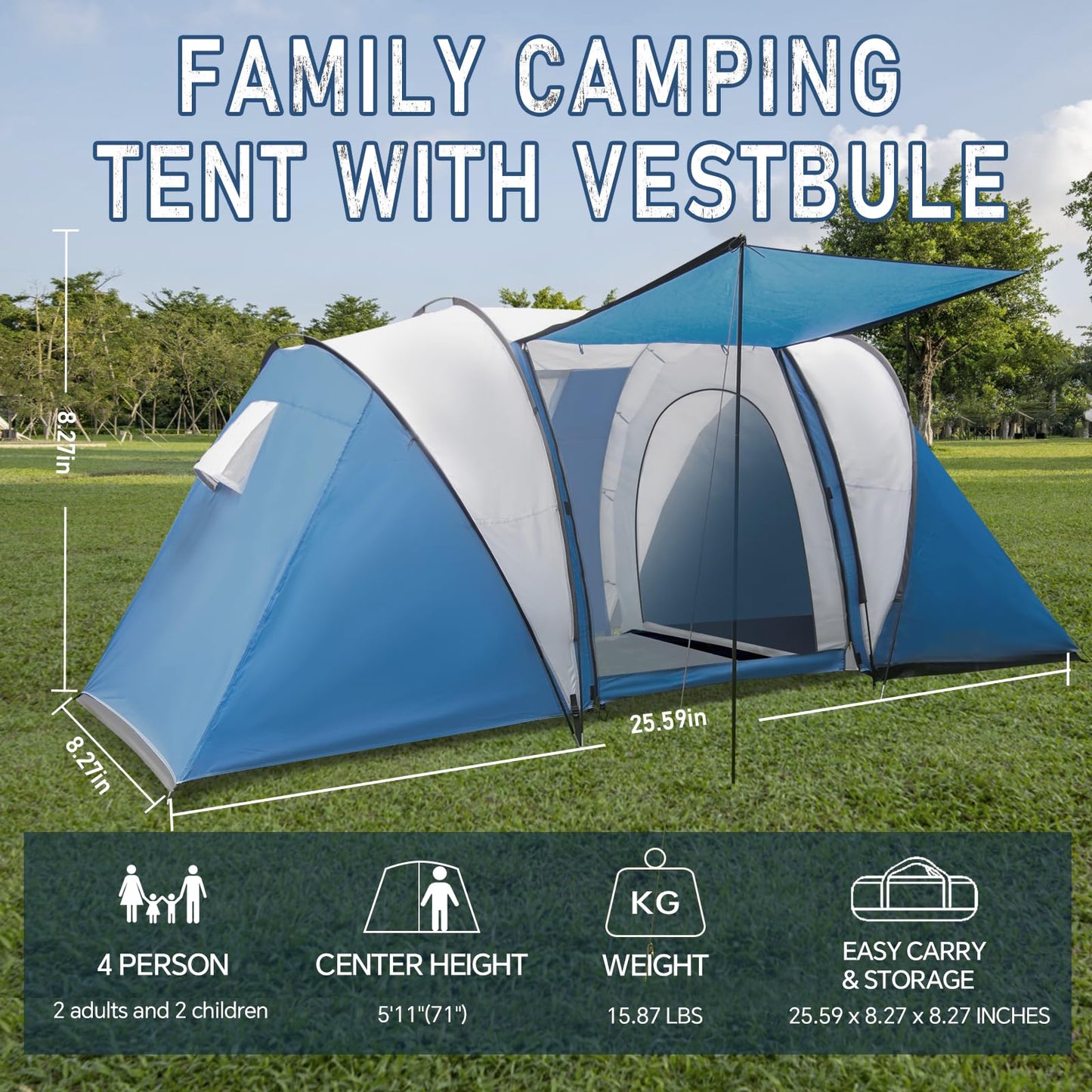 Thinlute 2-4 Person Family Camping Tent with Porch, Weatherproof Camping Shelter with Rainfly, 2 Room Easy Set Up Family Tent with Living Area for Outdoor, Backyard, Hiking