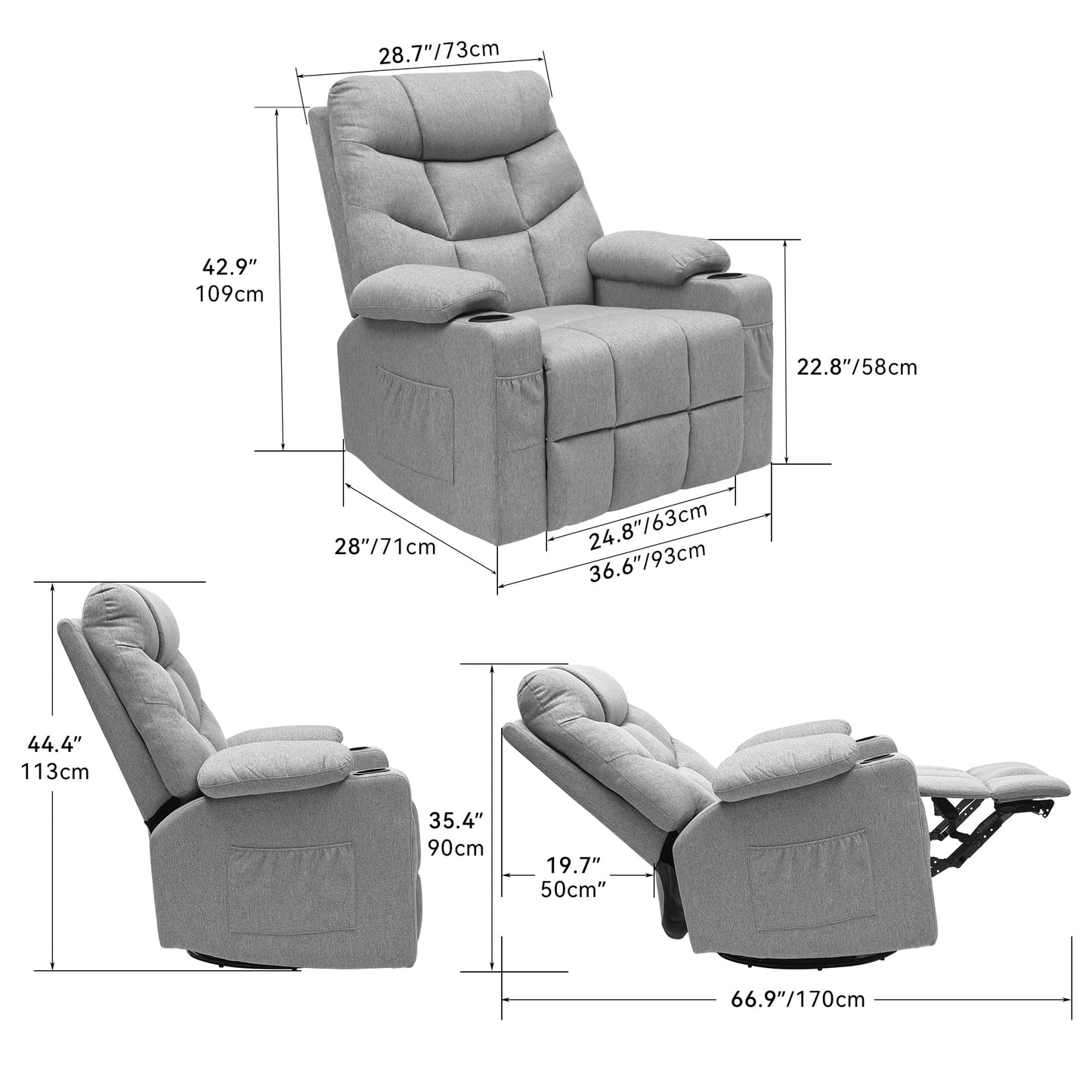 YITAHOME Oversized Swivel Rocker Recliner Chair with Massage & Heat, 270° Rocking Fabric Recliner for Big and Tall, Cup Holders & Side Pockets, Comfortable Theater Seating for Living Room, Gray