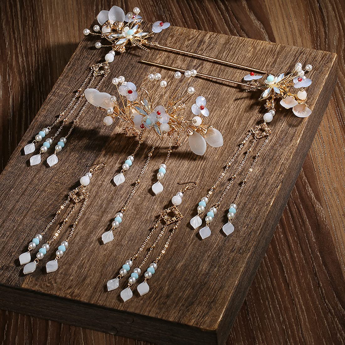 Alloy Hair Sticks Pins Long Tassel Hanfu Chinese Hair Comb/Earrings Set of 1 Traditional Classical (Style D)