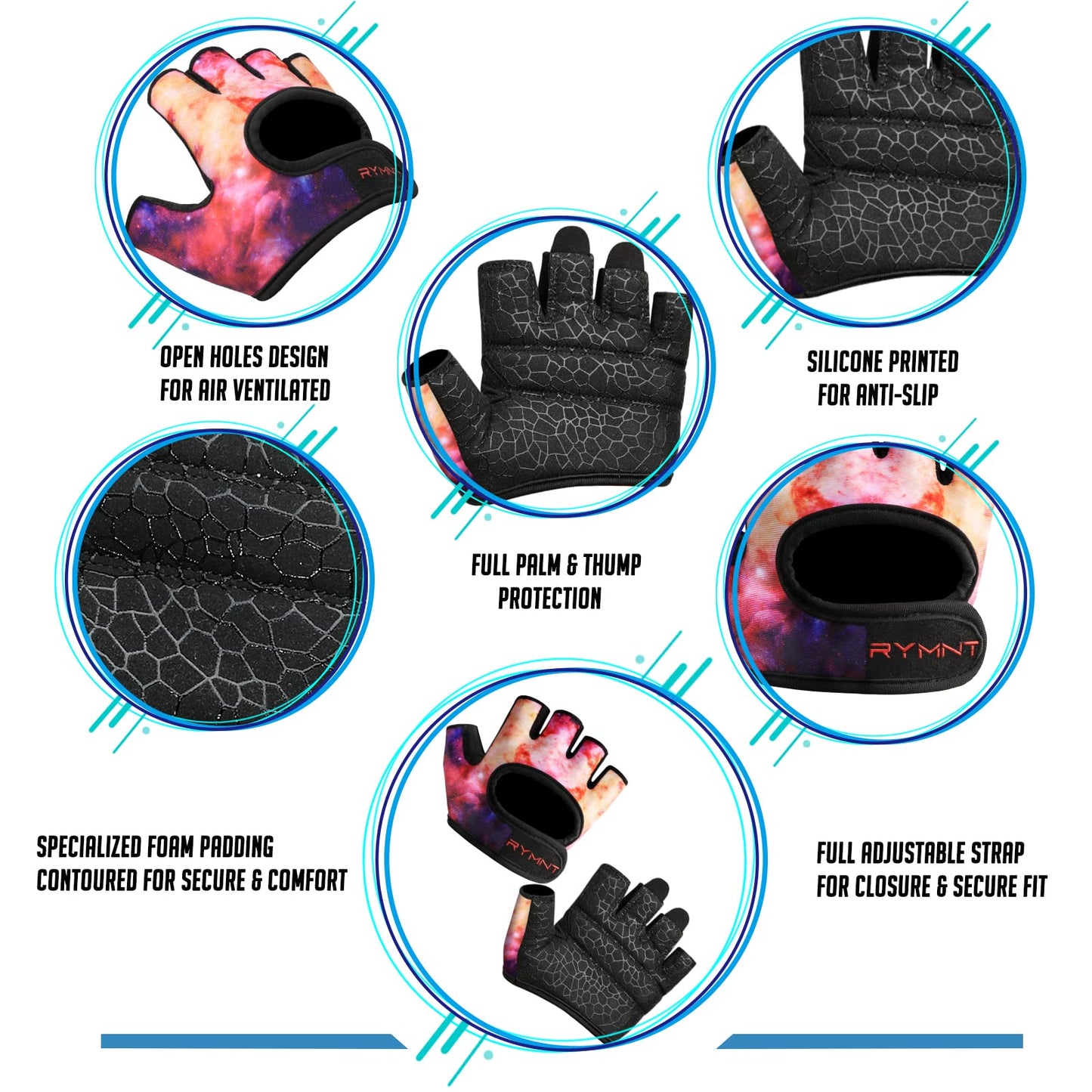 RYMNT Minimal Weight Lifting Gloves,Short Micro Workout Gloves Grip Pads with Full Palm Protection & Extra Grip for Men Women Weightlifting,Gym,Exercise Training.Galaxy-Small