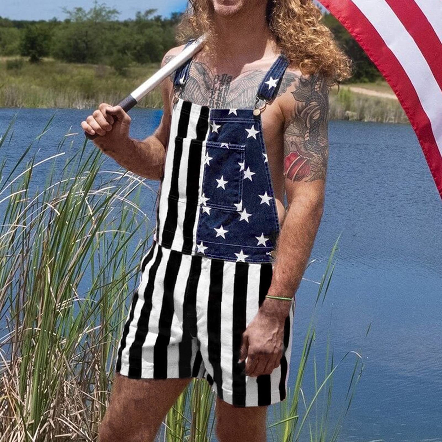 American Flag Jean Shorts Bib Overalls Men Denim American Flag Romper 4Th of July USA Clothes Mens Rompers for Adults Boy 4Th of July Outfit 4Th of July Skirt USA Fanny Pack