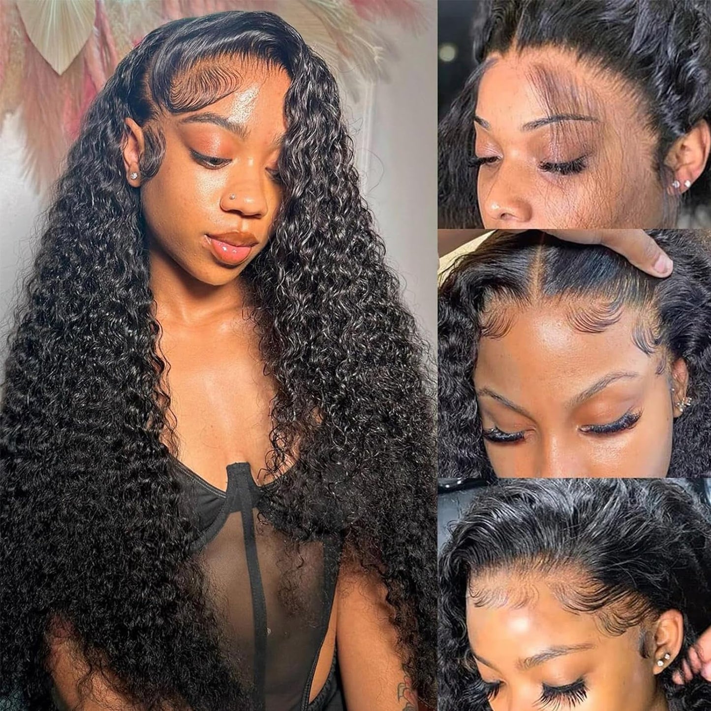 ANDRIA 13x4 HD Lace Front Wigs 28 Inch Black Curly Lace Front Wig with Baby Hair Pre-Plucked Glueless Lace Frontal Wigs Heat Resistant Synthetic Hair 200% Density Natural Color Long Deep Wave Wigs