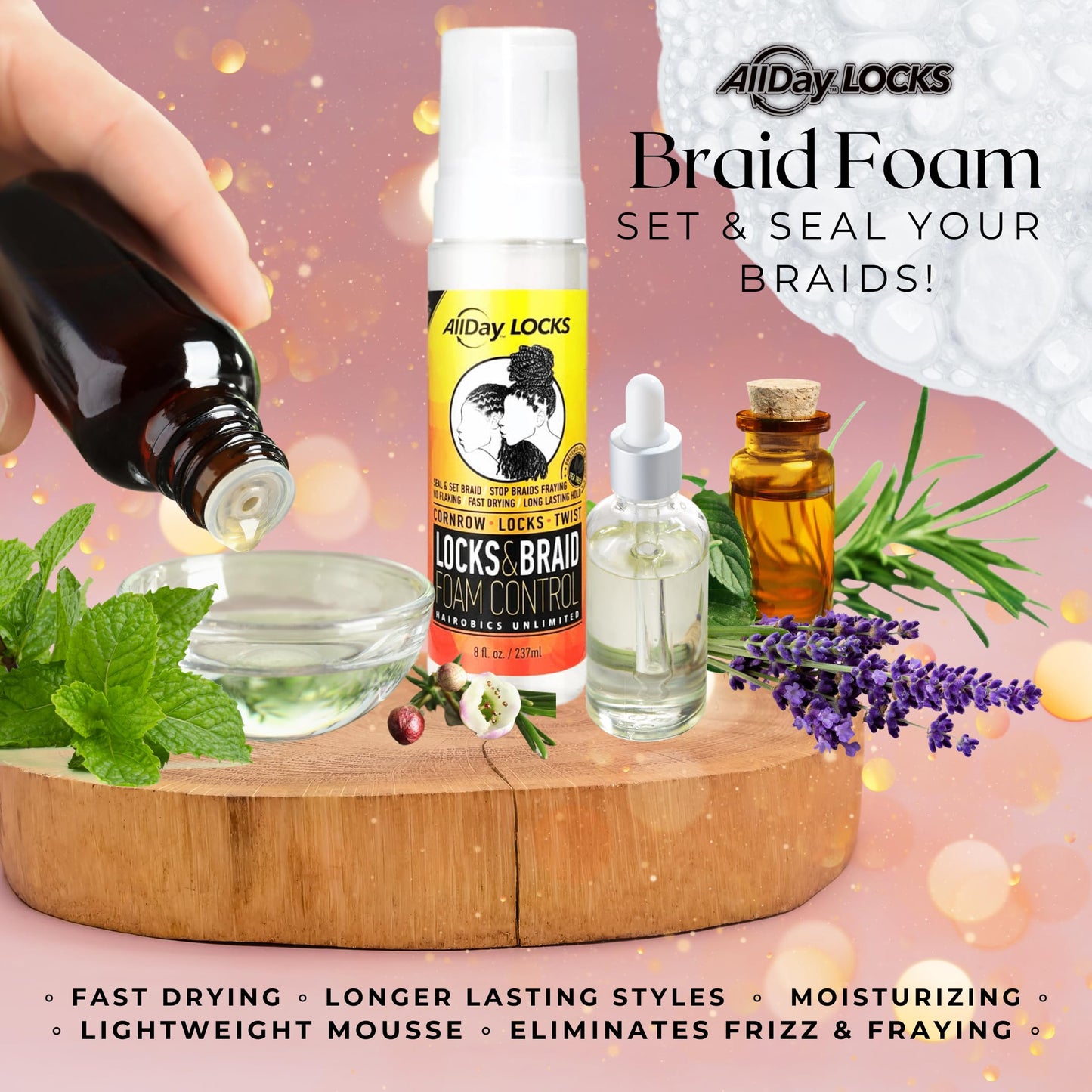 AllDay Locks Braid Foam | Long Lasting Mousse for Style & Shine | No Frizz or Fraying | Moisturizes & Seals Braids, Locks, Twists, Cornrows | 8 oz
