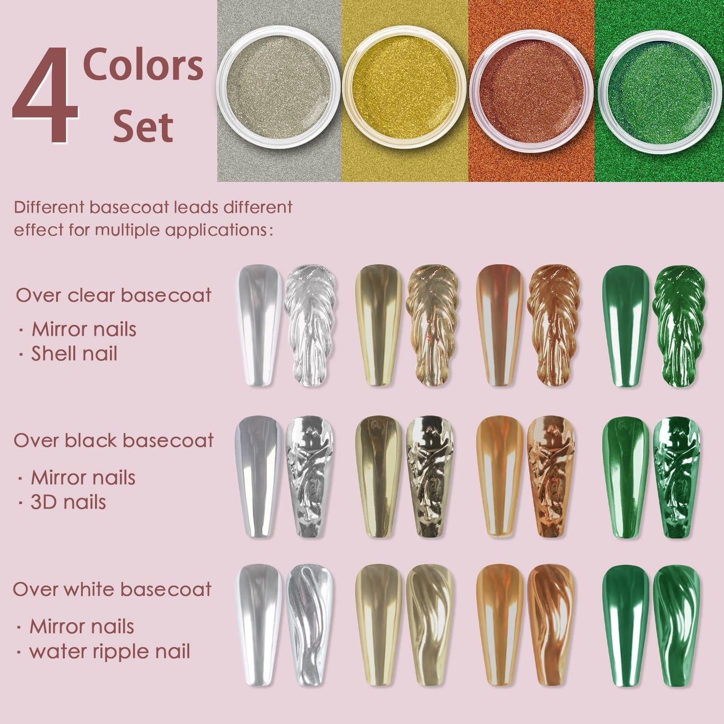 Allstarry Gold Green Chrome Nail Powder, 4 Colors Metallic Mirror Effect Chrome Powder Manicure Glitter Kit for Gel Polish St Patricks Day Nail Art St Patty's Day Accessories - Metallic Dark Green