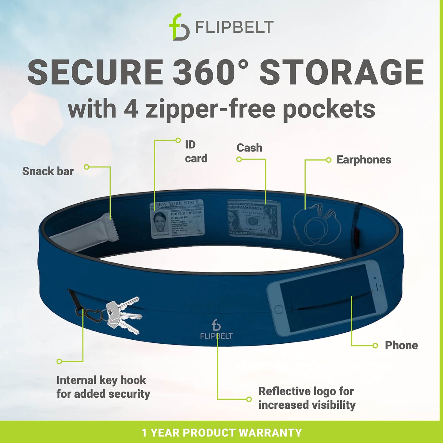 FlipBelt Classic Running Belt, Running Fanny Pack for Women and Men, Non Chafing Waist Band Pack for Phone, Moisture Wicking Storage Belt, USA Company
