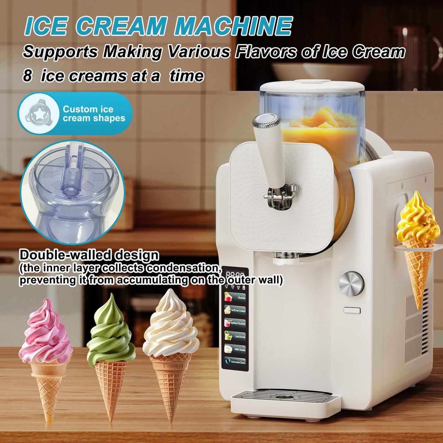 Ice Cream Maker, Soft Ice Cream Machine Makers & Slushy Machine for Home, for Smoothies, Milkshakes, Cocktails, and Various Flavors of Ice Cream, Frozen Yogurt or Gelato, with Adjustable Thickness