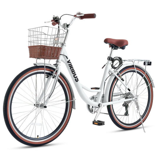 Viribus Womens Bike, 7 Speed Bike for Adults 24 in with Ratten Basket, Beach Cruiser Bike for Women, Step Through Bicycle for City Commuter, Retro Female Ladies Bicycle White 330 lb.