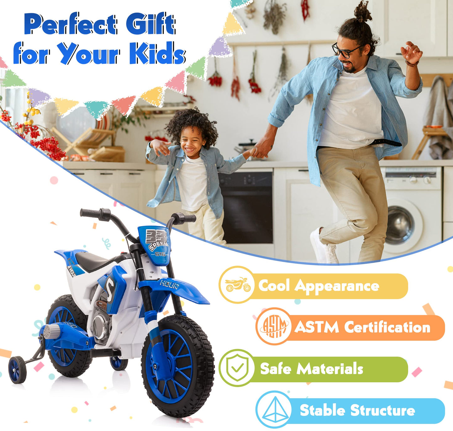 TOBBI Kids Motorcycle Dirt Bike 12V Electric Motorcycles Ride on Toys Battery Powered Motorbike Off-Road Motocross for Toddler Boys Girls 3+Years w/ 2 Speeds, 35W Dual Motors, Training Wheels, Blue