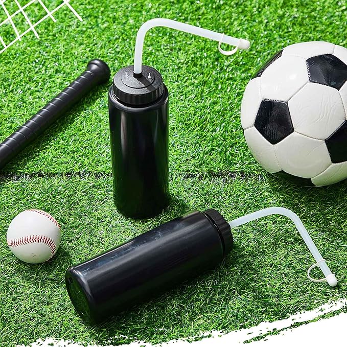 Domensi 4 Pack 1 Liter Sports Water Bottle W/Long Straw Hockey Lacrosse Water Bottle with Straw BPA Free Easy Squeeze Plastic Use W/Sport Helmet in Football Baseball Gym Yoga(Black)