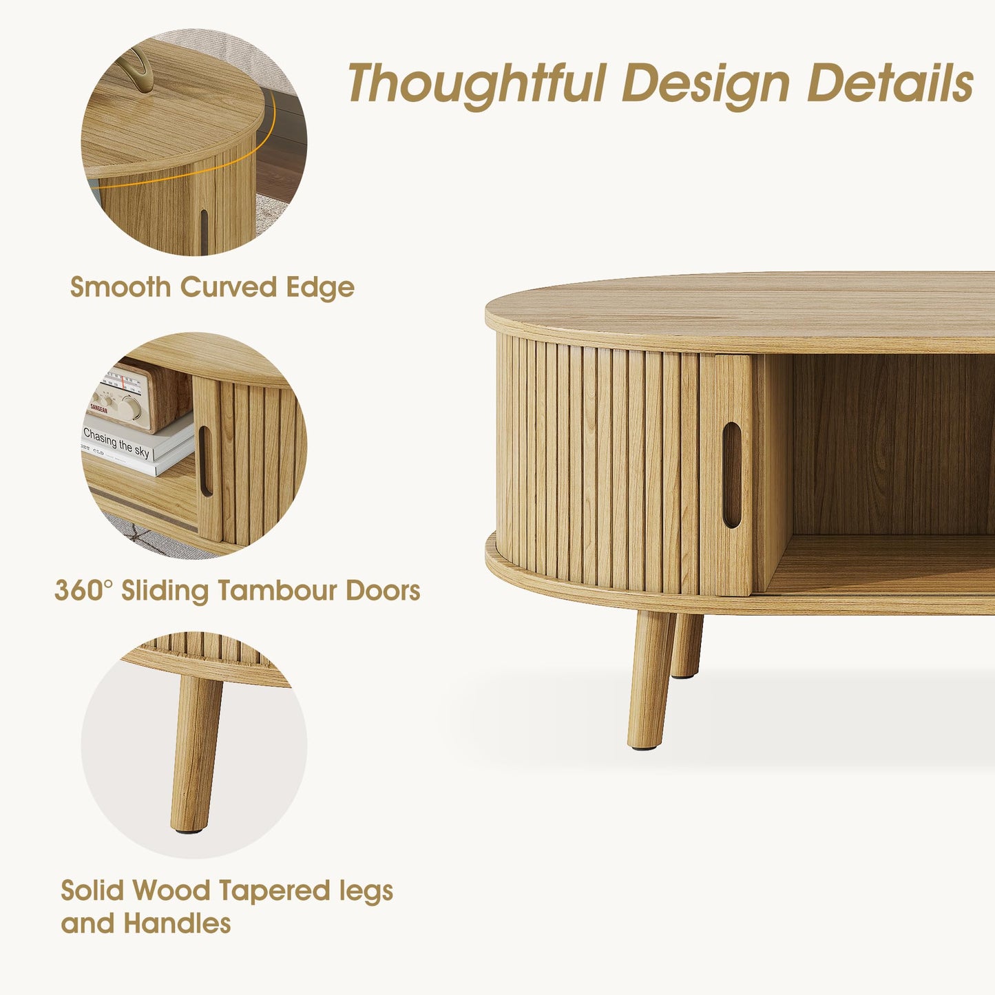 Alohappy Oval Coffee Table, Mid Century Modern Coffee Table with Sliding Tambour Door, Fluted Center Table with Hidden Storage, Curved Profile Dining Table for Living Room, Home Office,Natural Oak
