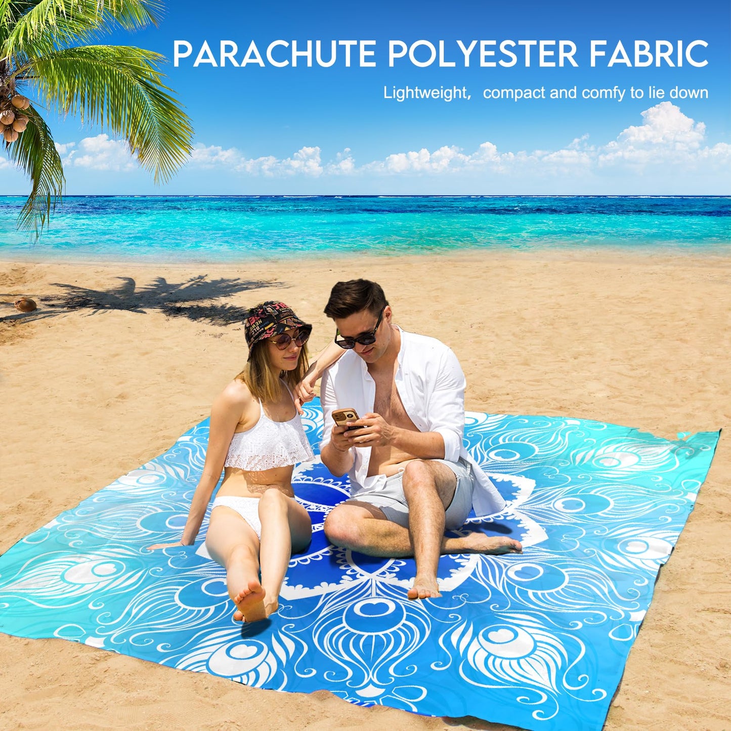 BYDOLL Beach Blanket 78''×81'' 1-5 Adults Waterproof Sandproof Oversized Lightweight Beach Blanket Large Picnic Mat Beach Blanket for Beach Travel Camping Hiking Picnic
