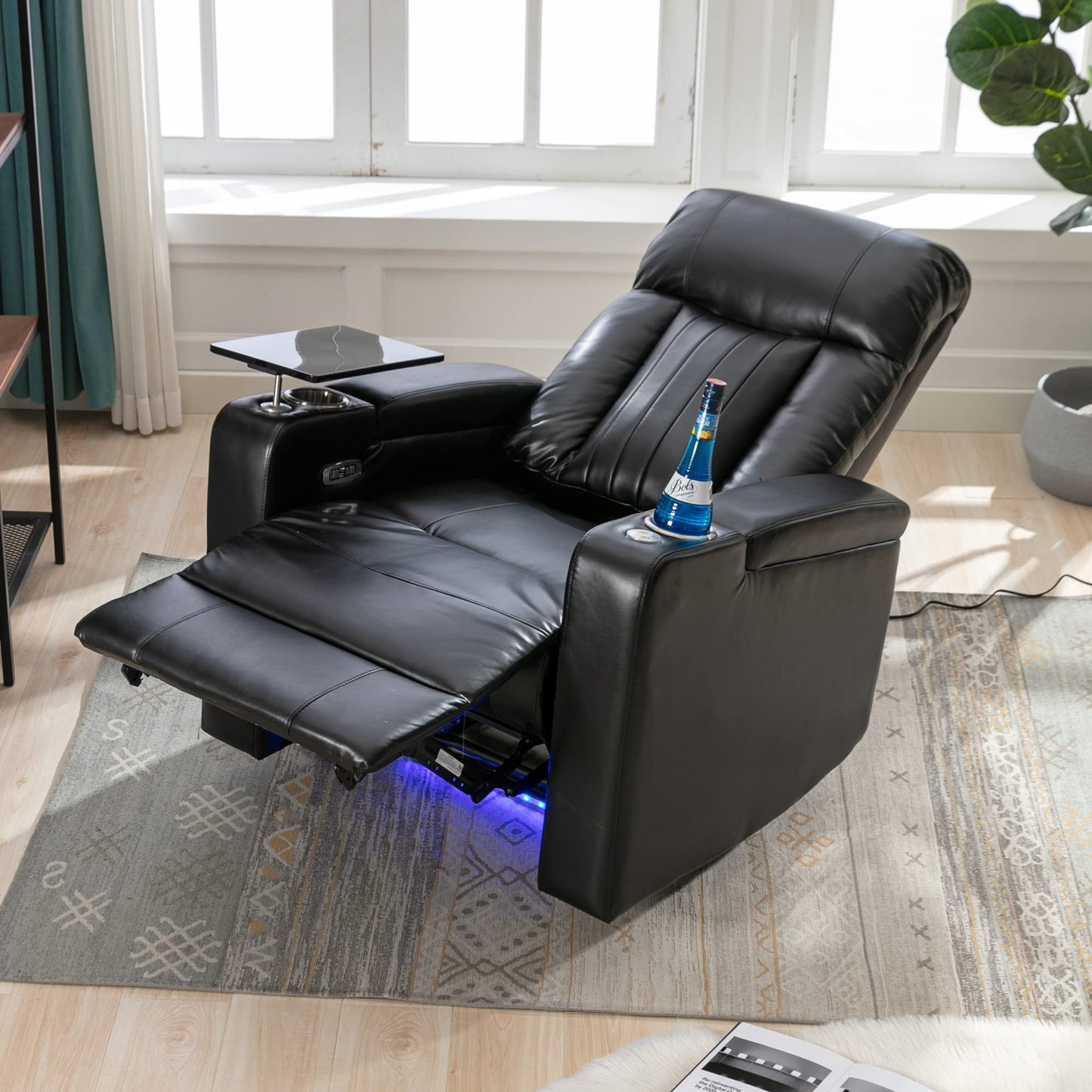Merax Electric Recliner Chair with USB Charge Port, Hidden Arm Storage, Home Theater Seating with 2 Convenient Cup Holders Design, 360° Swivel Tray Table, Cell Phone Stand (Brown2) (Black2)
