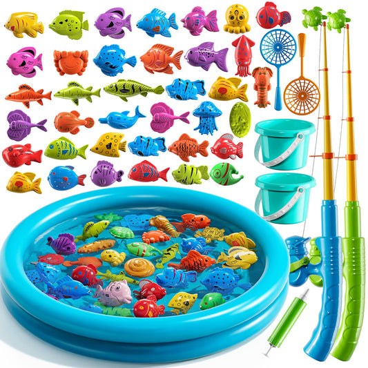 Magnet Fishing Toys Game for Kids 3-5 - Floating Fish Toys with Inflatable Kiddie Pool, Bath Toys for Toddlers, Pole Rod Net, Outdoor Party Toys for Boys Girls Kids Age 3 4 5 6 7 8 Year Old