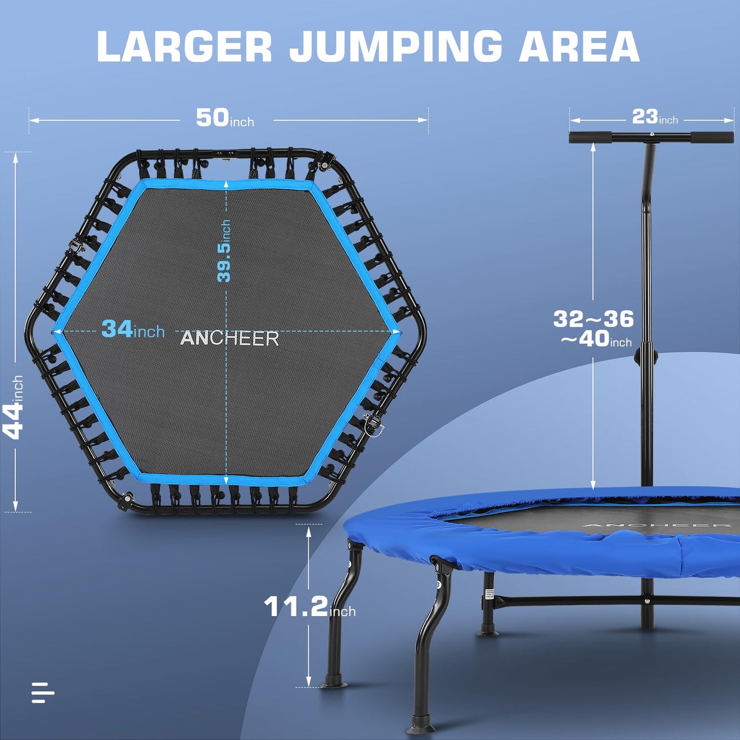 ANCHEER 40" Foldable Mini Trampoline Max Load 450lbs, Fitness Trampoline with Bungees, Adjustable Foam Handle, Indoor Exercise Trampoline for Adults Inoor/Garden Workout (Blue 50'')