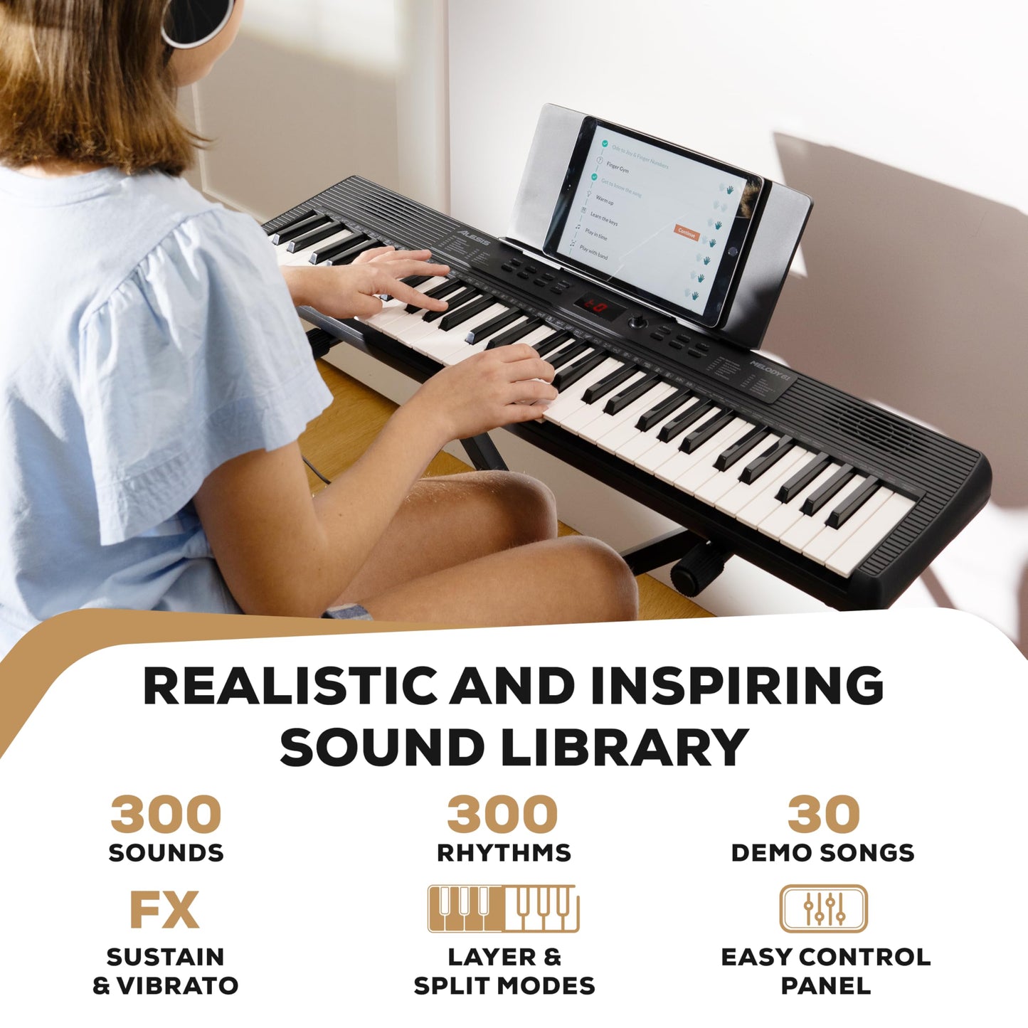 Alesis Melody 61 MK4 Keyboard Piano for Beginners with 61 Keys, Speakers, Stand, Bench, Headphones, Tablet/Sheet Music Stand, 300 Sounds and Music Lessons