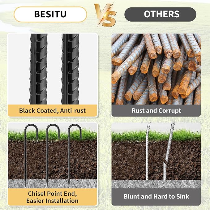 16 Inches 24-Pack J Hook Rebar Stakes Heavy Duty Tent Stakes with Chisel Point End, Steel Ground Anchors Metal Garden Stakes Chain Link Fence Stakes Black Coated