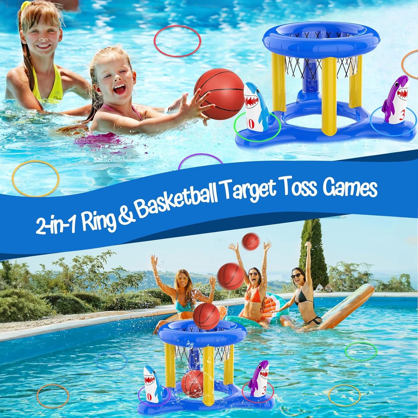 Pool Games Toys Set for Kids, Floating Pool Basketball Hoops & Pool Ring Toss Game, Swimming Pool Toys for Kids Ages 4-8 8-12, Teens, Adults and Family