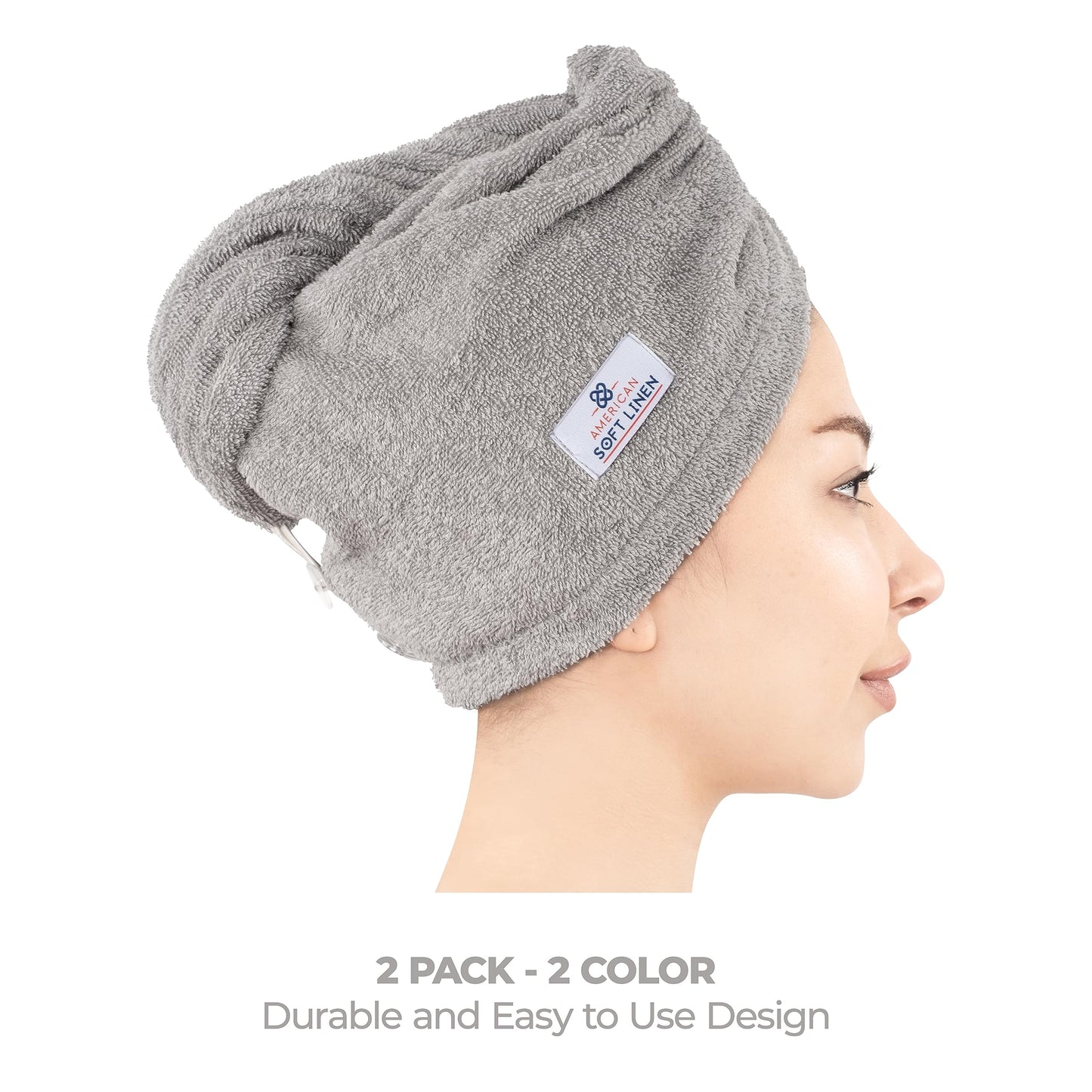 American Soft Linen 100% Cotton Hair Towels for Women, Head Towel Cap, Cotton Hair Turban Towel Wrap, Soft and Absorbent 2 Pack, Black-Light Gray