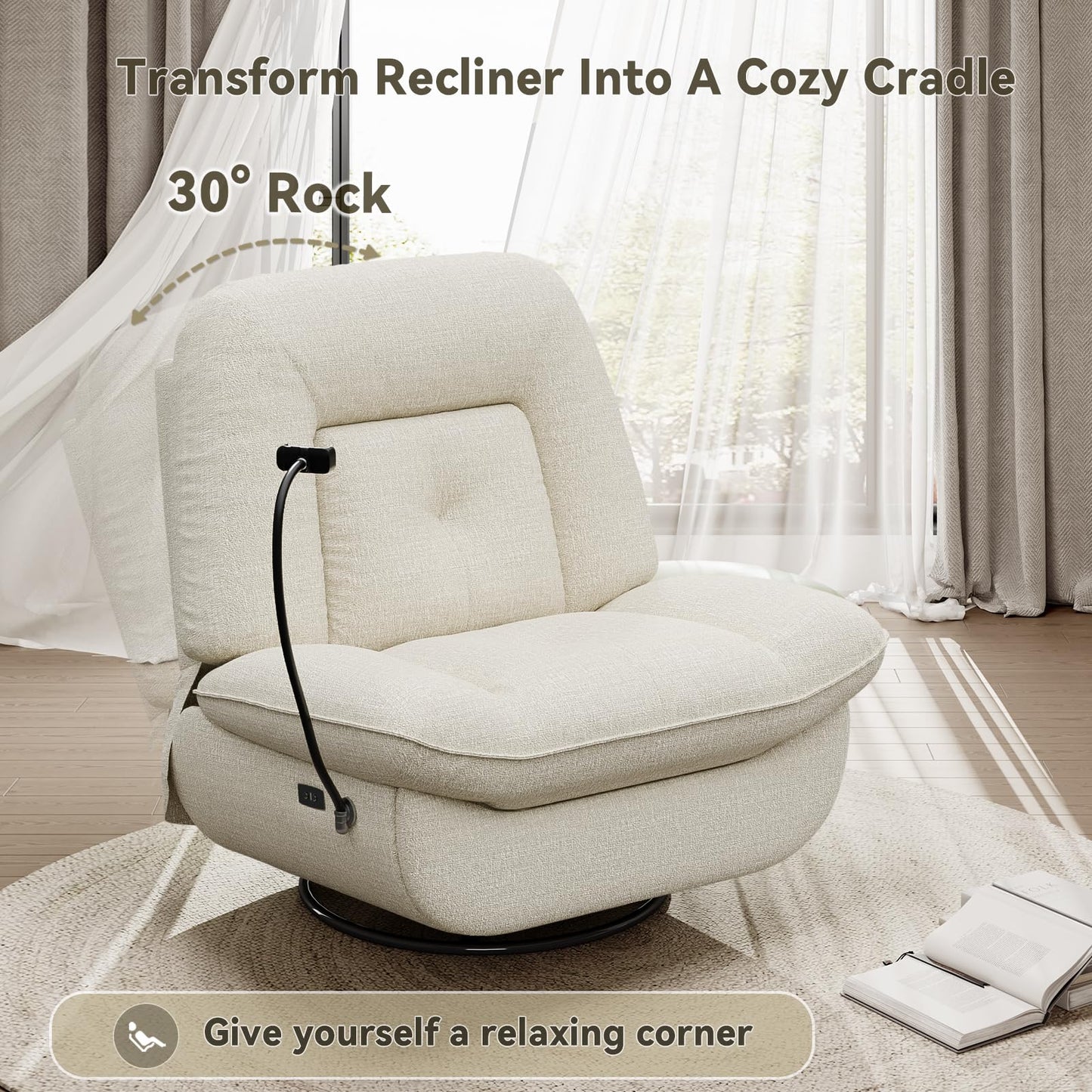 Oversized Power Swivel Rocker Recliner Chair - USB Port, Recliner Chairs for Adults, Reclining with Phone Holder, Hidden Storage, Designed for Effortless Movie Nights & Relaxation (White)