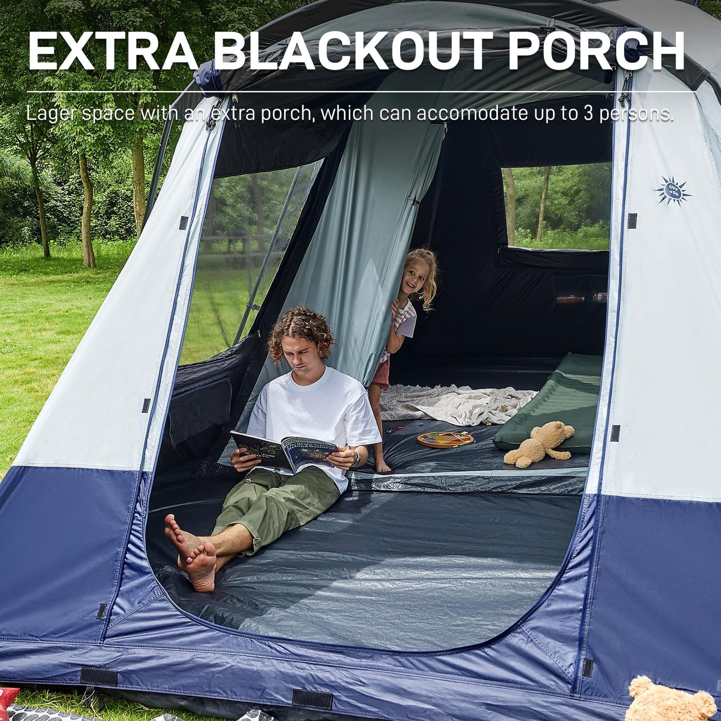 EVER ADVANCED 8 Person Blackout Cabin Tent, Camping Tent with Multi Room, Family Tent with Extra Porch and Rainfly, 2 Rooms Huge Portable with Carry Bag, Water Resistant