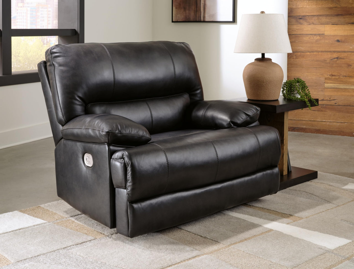 Signature Design by Ashley Mountainous Modern Leather Match Wall Hugger Power Recliner with Adjustable Headrest and USB Ports, Black