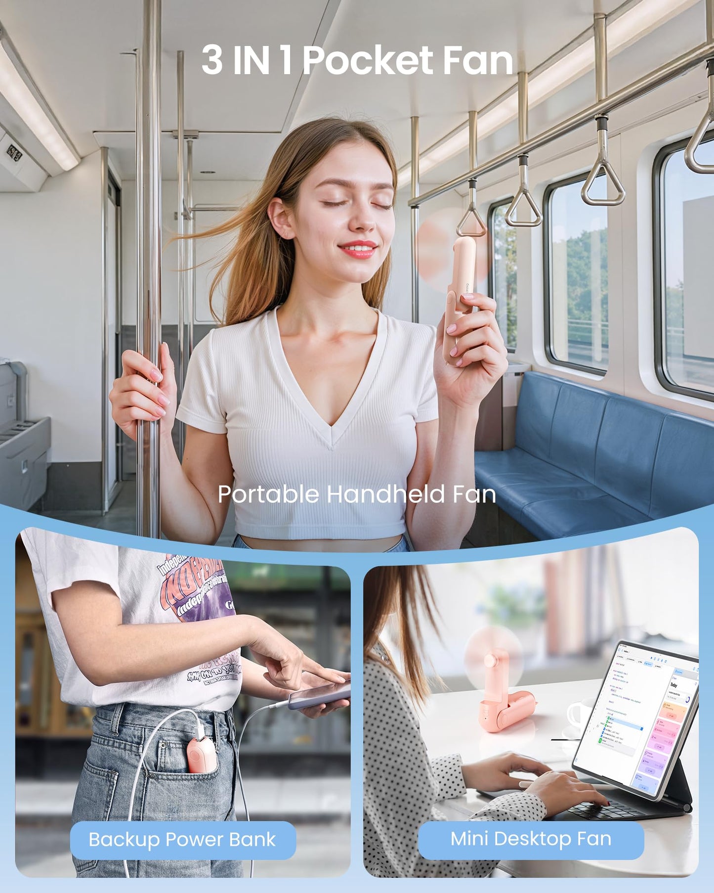 GAIATOP Portable Handheld Fan, 3 IN 1 Mini Foldable Travel Fans [17H Max Cooling Time] with Power Bank, Pocket Design USB Rechargeable for Travel Concert Lash Makeup, Summer Gifts for Women Girl, Pink