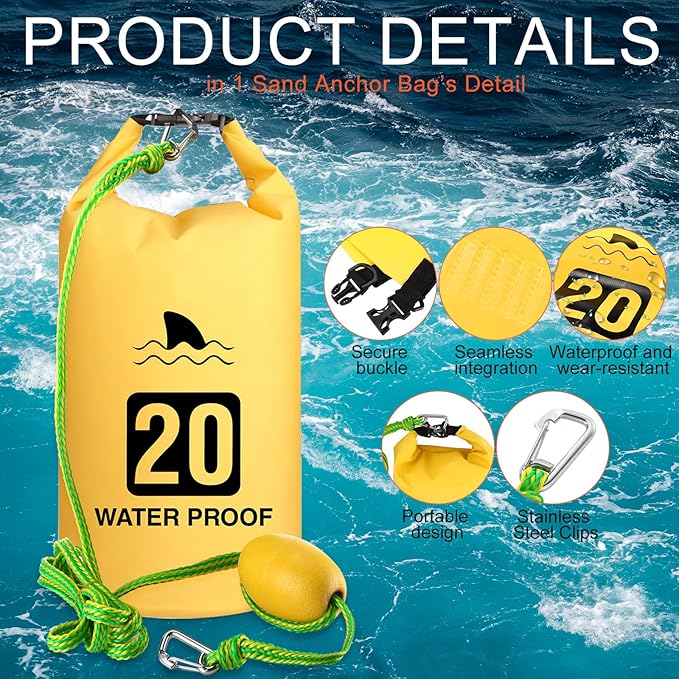 2 Set 20L Sand Anchor Heavy Duty Buoy Kit 2 in 1 Kayak Anchor Floating Waterproof Dry Bag with High Visibility Float Rope for Lake Beach Boat Hiking Camping Water Sports Surfing Kayaking(Yellow)