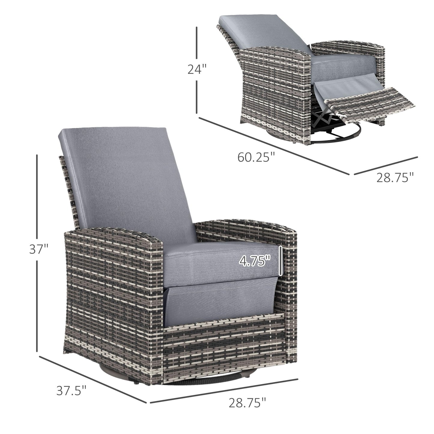 Outsunny Outdoor Wicker Swivel Recliner Chair, Reclining Backrest, Lifting Footrest, 360° Rotating Basic, Water Resistant Cushions for Patio, Gray