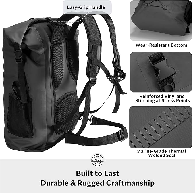 STOVER 5/10/25/30/40/55L Waterproof Dry Backpack- XL Floating Dry Bag for Kayaking, Travel, Tubing, Hiking, Fishing, Camping, Motorcycles, the Beach, Heavy-Duty Roll Top Men/Women (Black)