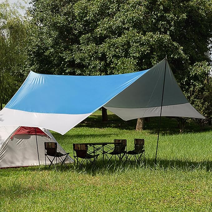 12X14FT Camping Tarp with 2 Poles, UV UPF50+ Lightweight Car Awning Sun Shelter, PU3000 Waterproof Tarp for Camping, Hiking and Backpacking Trips