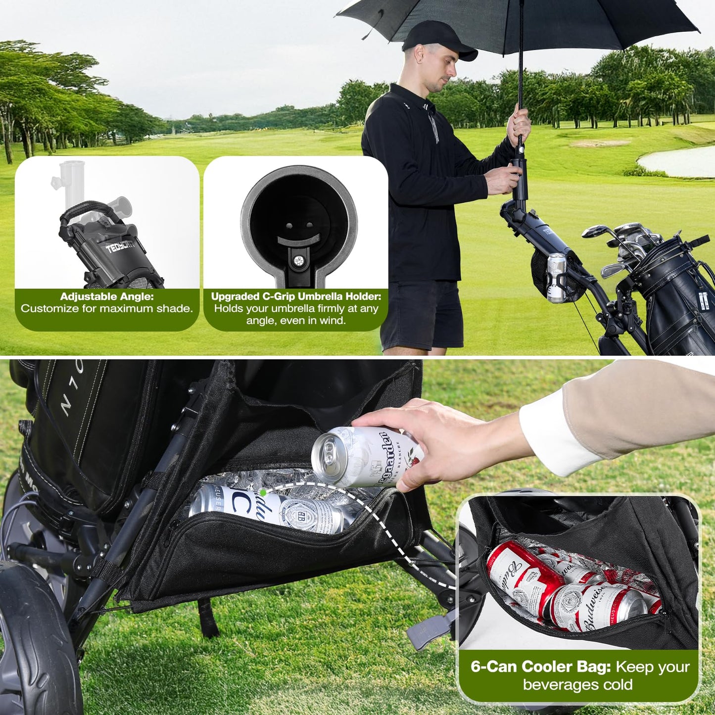 Tedycatt 3 Wheel Golf Push Cart: Lightweight Golf Walking Cart, Compact Folding Golf Trolley, with Phone Holder, Brake, Cup, Umbrella Holder, Cooler, Gray