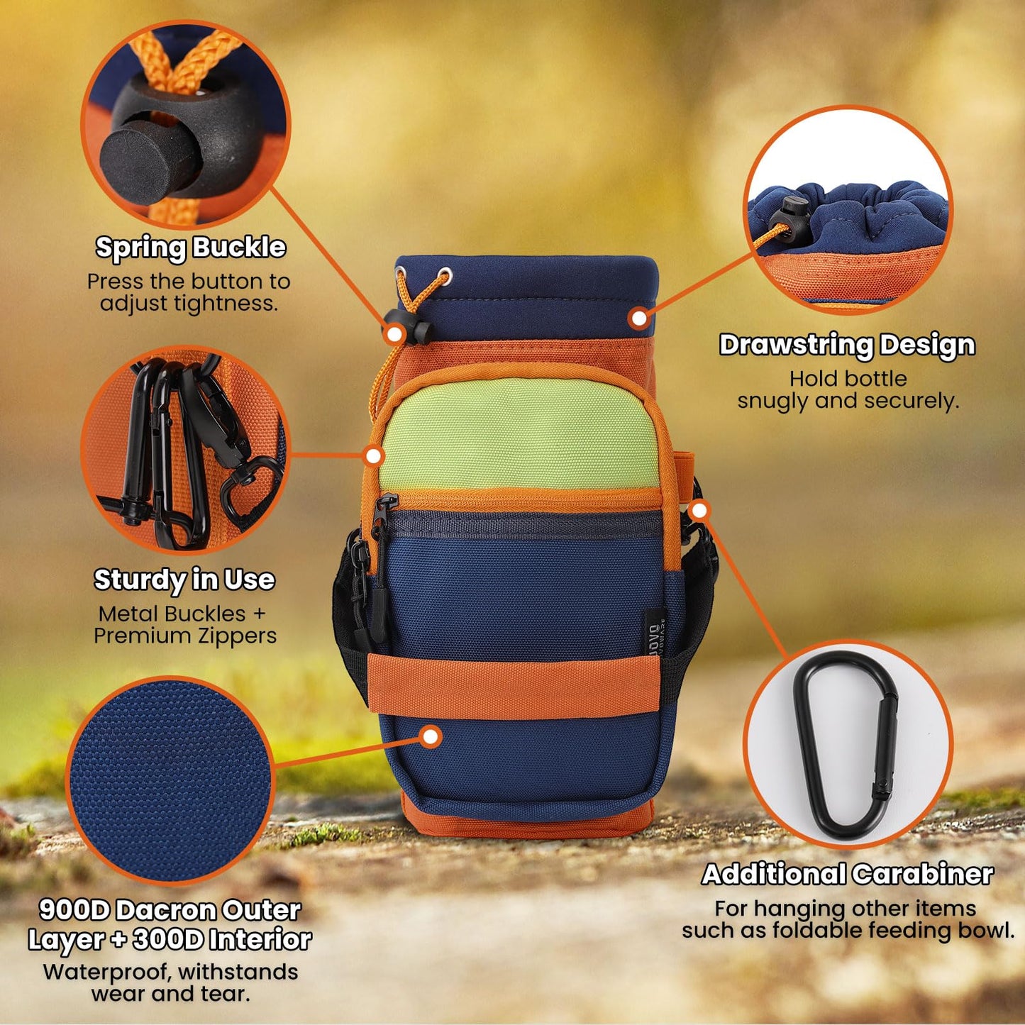 Nuovoware Water Bottle Carrier, 40oz Bottle Carrier Sports Water Bottle Holder with Adjustable Shoulder Strap, 2 Pockets Flask Sling Bag Drawstring Pouch for Hiking, Dark Blue+Orange+Grass Green