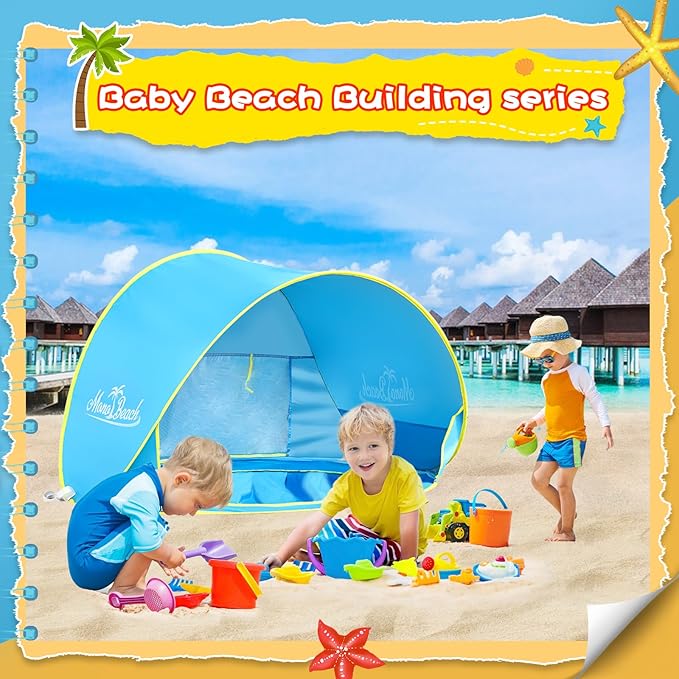 Monobeach Baby Beach Tent with Beach Sand Toys Pop Up Portable Shade Pool UPF50+ UV Protection Sun Shelter for Infant with Easy Set Up Canopy (Blue with Beach Sand Toys)