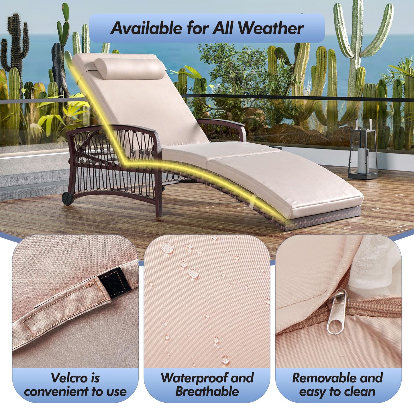 ZZWHOM Outdoor Chaise Lounge Set of 2 Outdoor Wicker Rattan Patio Chairs Recliners with 5-Position Backrest & Thickened Cushions & Wheels for Backyard Pool Beach