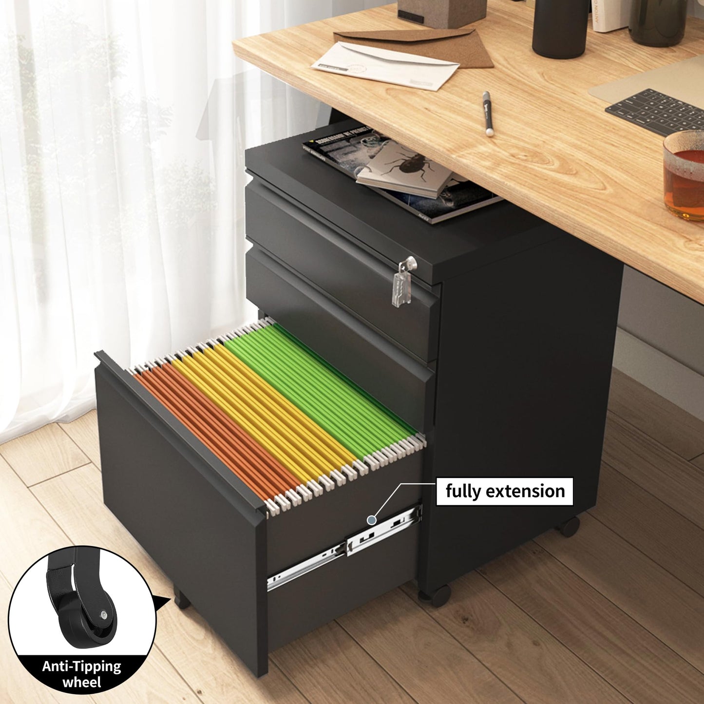 Approgreent 3 Drawer File Cabinet for Home Office, Under Desk Mobile Filing Cabinet with Lock for A4-Size/Letter-Size/Legal-Size, Black (HSEJ-3D)