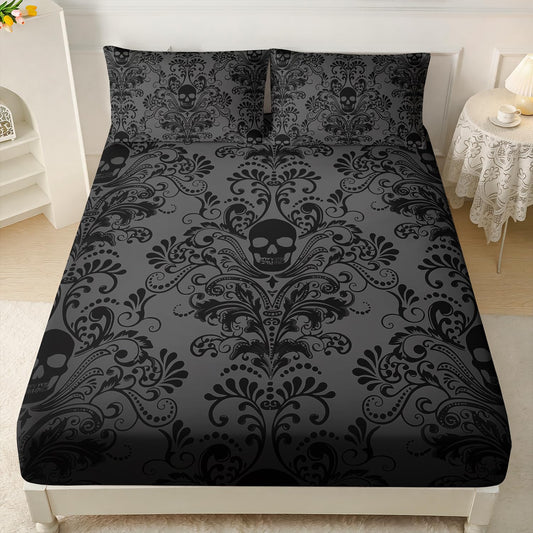 AILONEN Black Skull Fitted Sheet Set Twin XL Size,Floral Flower Gothic Skull Bed Sheet Set for Bedroom Decor,3 Pieces Boho Tree of Life Sheet Set,1 Fitted Sheet with 2 Pillowcases