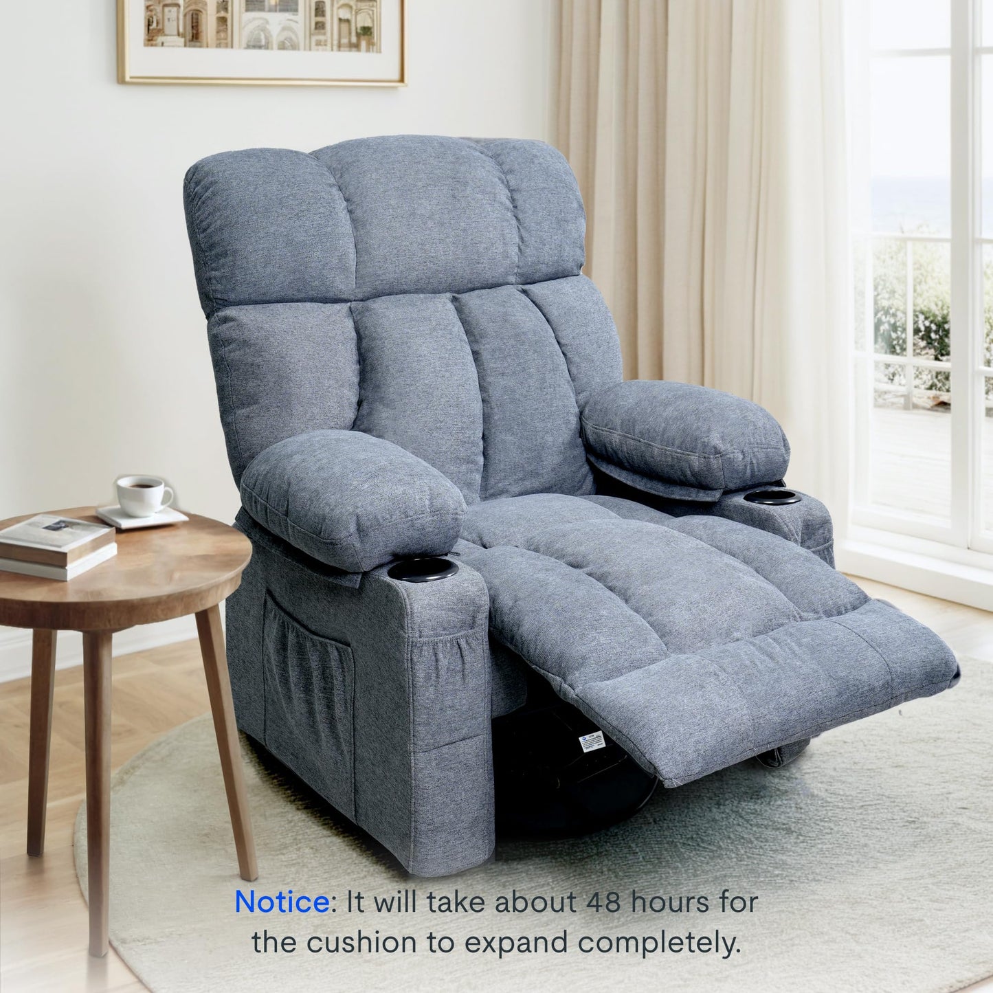 FLEXISPOT 360° Swivel Rocker Recliner, Oversized Massage Rocker Recliner Chair with Heating, Cup Holders, USB Charging Port, Swivel Glider Sofa for Living Room Nursery, Blue (XRC3)