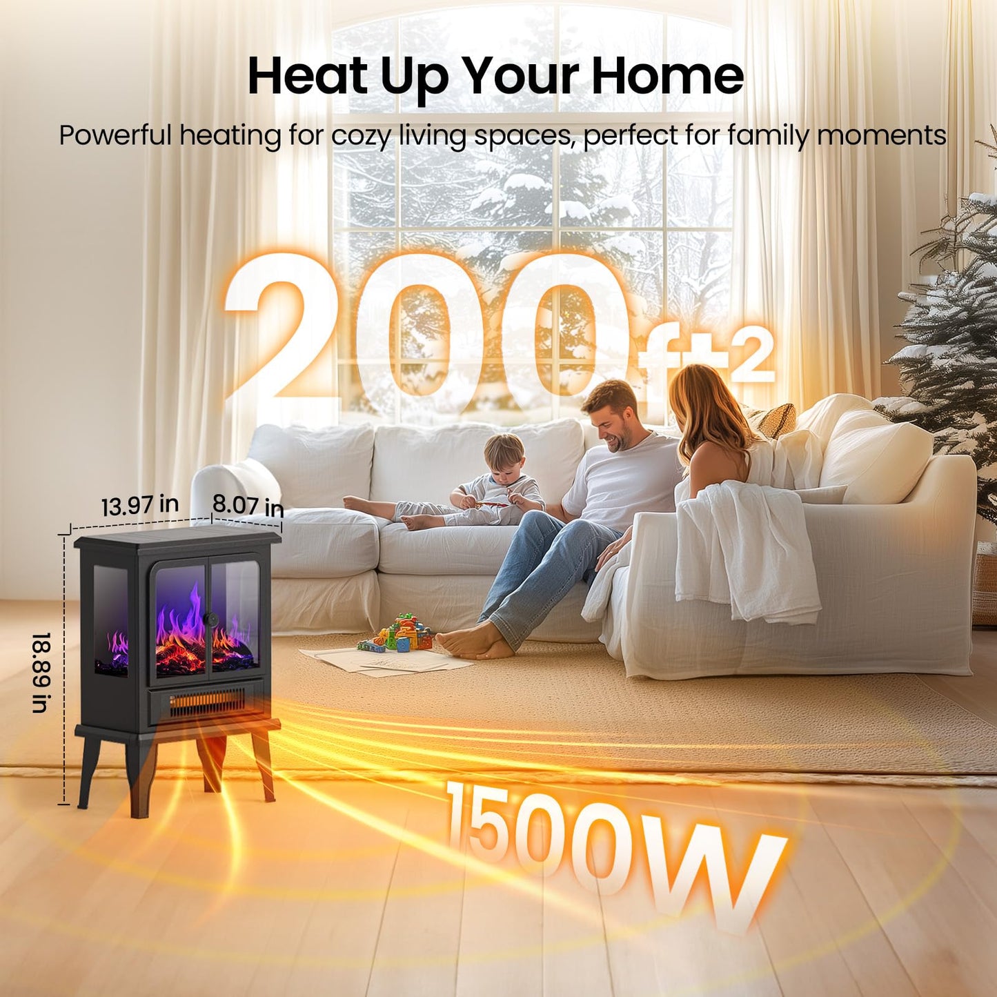 Air Choice Electric Fireplace Heater, 18.9" FreeStanding Fireplace Stove with 3D Flame, 750W/1500W Indoor Space Heater with Overheating Protection, Electric Heating for Living Room, Bedroom
