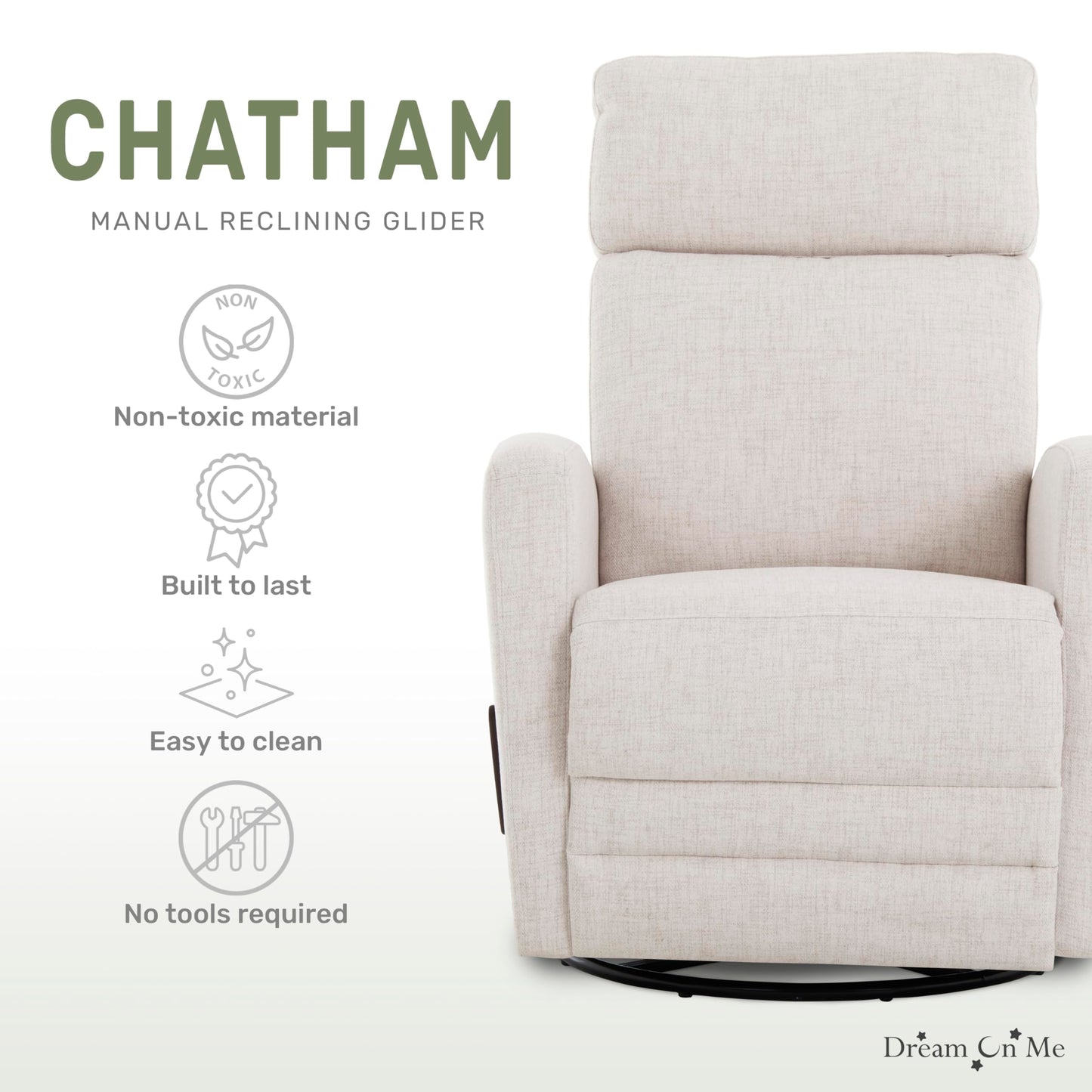Dream On Me Chatham Basic Nursery Rocking Glider in Ecru, 360° Swivel Motion, FSC Certified, Greenguard Gold & JPMA Certified Nursery Glider, Three Rocking Modes Nursery Glider Recliner
